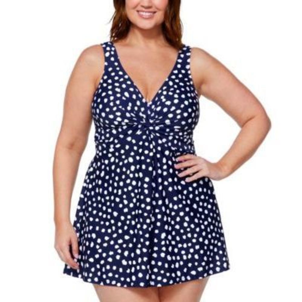 Island Escape Plus Size Dot-Print Magnolia Blue Swim Dress Women's Swimsuit 16W